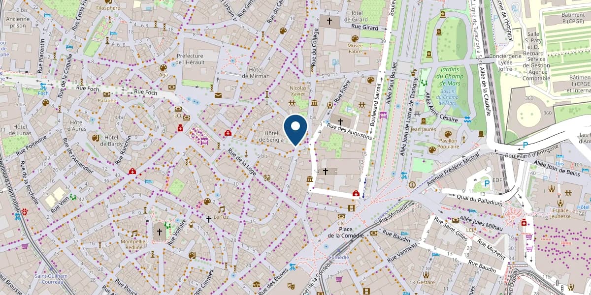 Plan du centre de Montpellier : 6 rue Embouque d’Or, dans l’Écusson, entre la place de la Comédie et le musée Fabre.